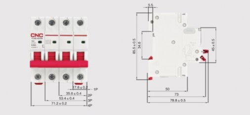 Размеры автомата CNC YCB9-80M 3P DC 6A 6кА 