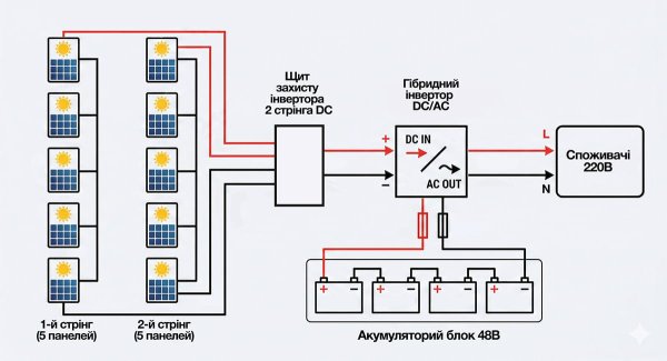 схема подключения солнечных панелей к инвертору, электрощиту и аккумуляторам в системе солнечной электростанции