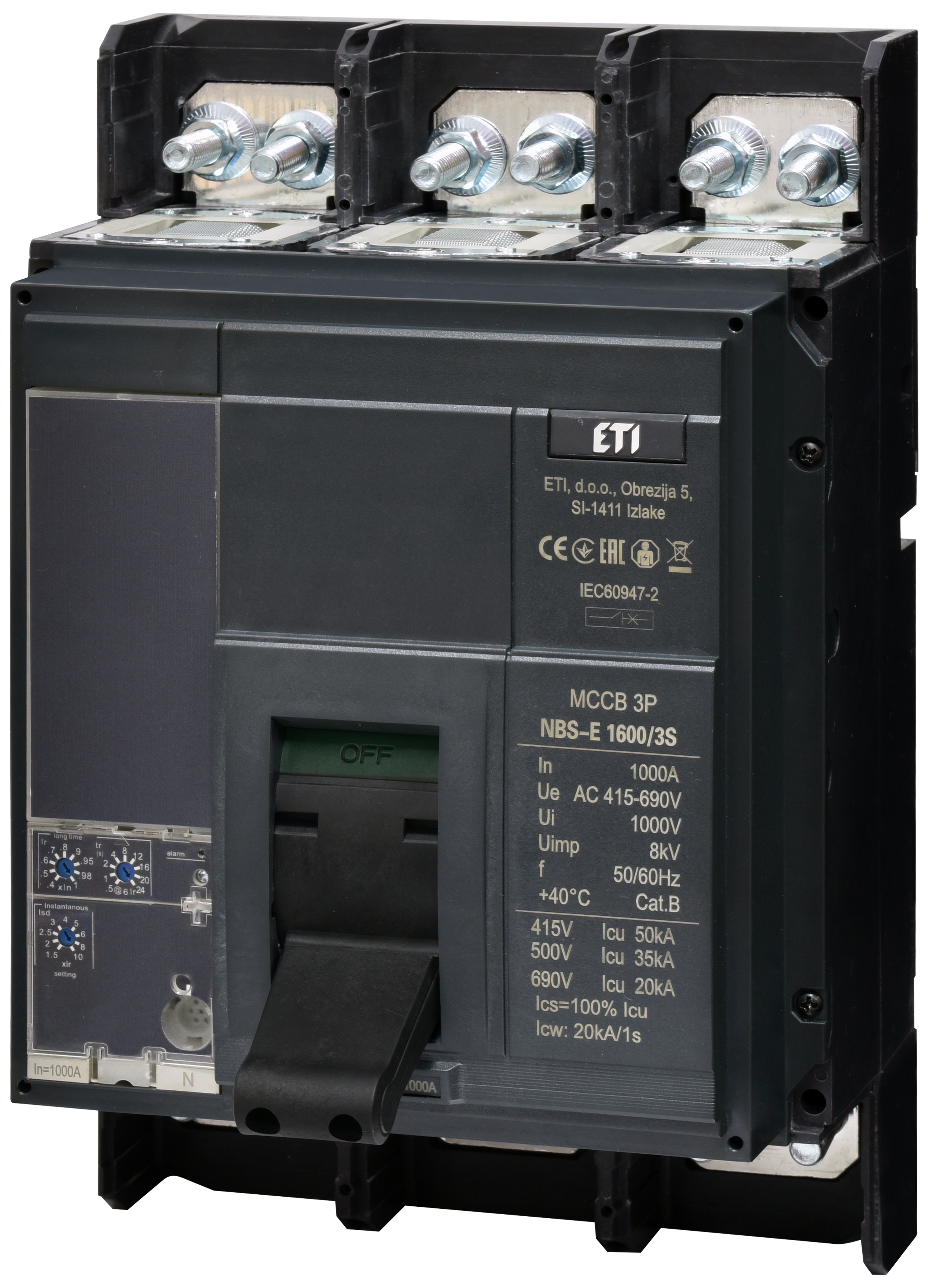 Автоматический выключатель ETI NBS-E 1600/3S 1000A 50kA 0.4-1In/1.5-10Ir 3P 4673171