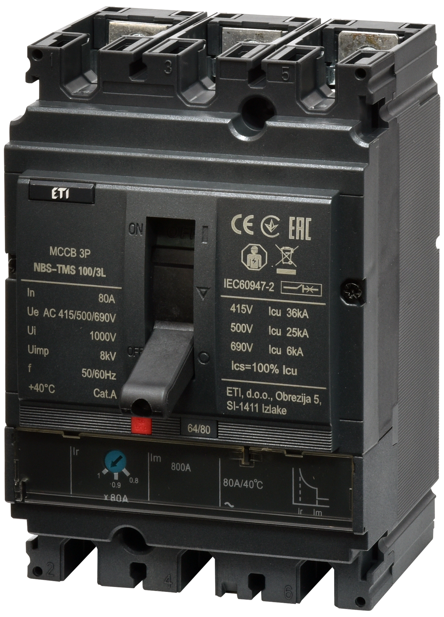 Автоматический выключатель ETIBREAK NBS-TMS 100/3L 80A 3P