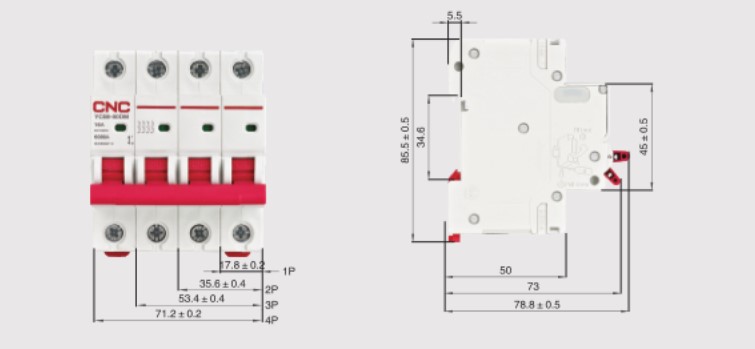 Розміри автомата CNC YCB9-80M 2P DC 16A 6кА 