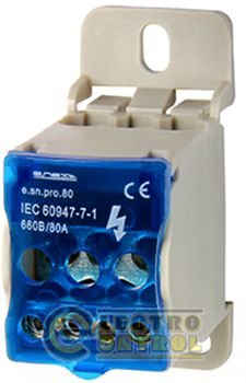 Блок розподільний e.sn.pro. 80 на DIN-рейку, 80А (вхід 1*6,,,16 кв.мм/вихід 4*2,5...6, 2*2,5...16 кв.мм)