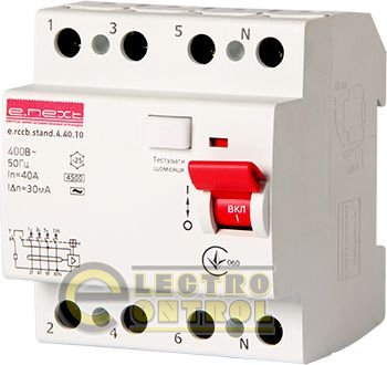 Вимикач диференціального струму e.rccb.stand.4.40.10 4р, 40А, 10mA