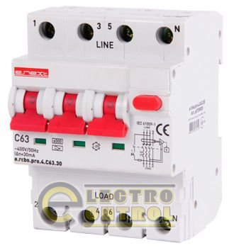 Выключатель дифференциального тока с функцией защиты от сверхтоков e.rcbo.pro.4.С63.30, 3P+N, 63А, С, тип А, 30мА Выключатель дифференциального тока с функцией защиты от сверхтоков e.rcbo.pro.4.С63.30, 3P+N, 63А, С, тип А, 30мА