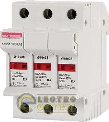 Держатель предохранителя на DIN-рейку e.fuse.1038.h3, под предохранитель 10х38, 3р, 2-32А