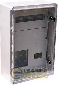 Шкаф ударопрочный из АБС-пластика e.plbox.400.500.175.3f.6m.tr, 400х500х175мм, IP65 с прозрачной дверцей, панелью под 3 - фазный счетчик и 6 модулей