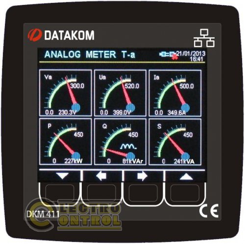 DATAKOM DKM-411 Анализатор электрической сети, 96x96mm, 3.5” цветной TFT дисплей, Ethernet, USB/Host, USB/Device, RS485, RS232, 2-дискретных входа, 2-дискретных выхода с источником питания переменного тока