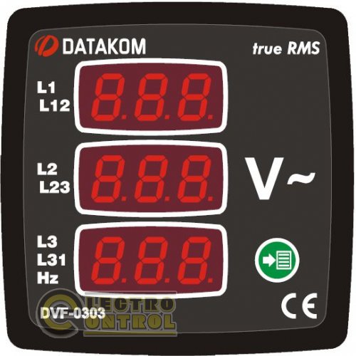 DATAKOM DVF-0303 Вольтметр-частотомер, 3 фазы, 72x72mm, 3 дисплея