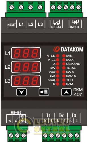 DATAKOM DKM-407 Анализатор электрической сети, DIN рейка, THD, RS-485, 1 дискретный вход, 1 дискретный выход