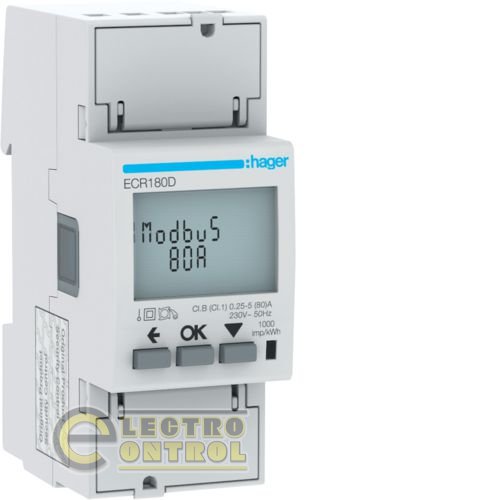 Счетчик электроэнергий однофазный HAGER ECR180D 80А, 2М, MODBUS MID Счетчик электроэнергий однофазный HAGER ECR180D 80А, 2М, MODBUS MID