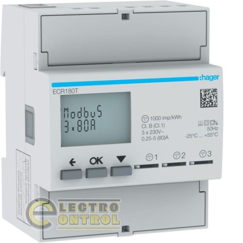 Счетчик электроэнергий однофазный HAGER ECR180T 3х80А, 4М, MODBUS