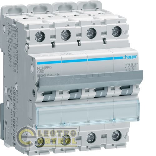 Автоматичний вимикач Hager NCN650 50А 4p | 3P+N AC