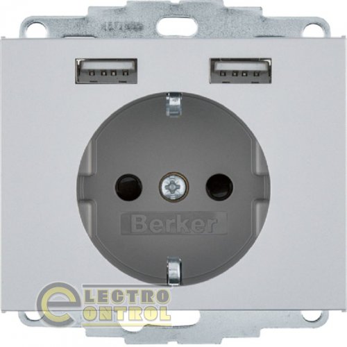 Розетка із з/к 16А/250В + 2хUSB/2.4A, алюміній-лак K.5