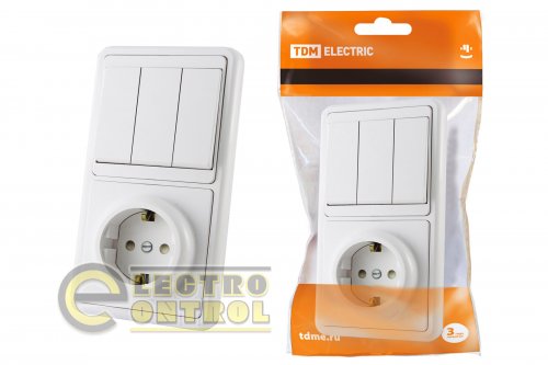 Блок комбинированный БКВР 3-х кл. выкл + розетка 2П+З с з/ш TDM