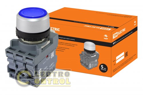 Кнопка с фиксацией MP2-21L(LED) в сборе d22мм/24В 1з+1р синяя TDM