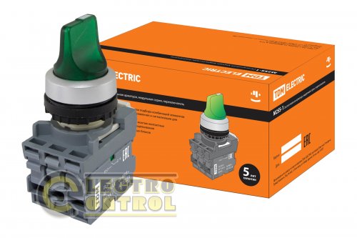 Переключатель на 3 положения с фиксацией M3SS1-21G короткая ручка(LED) d22мм/220B 1з+1р зеленый TDM Переключатель на 3 положения с фиксацией M3SS1-21G короткая ручка(LED) d22мм/220B 1з+1р зеленый TDM