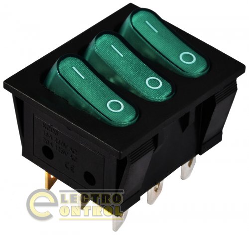 Переключатель Аско-Укрем A0140040121 KCD2-3101N GR/B 220V 3 клав. зелёный с подсветкой