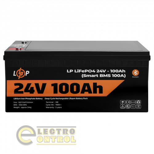 Акумулятор LP LiFePO4 24V (25,6V) - 100 Ah (2560Wh) (Smart BMS 100А) з BT пластик для ДБЖ