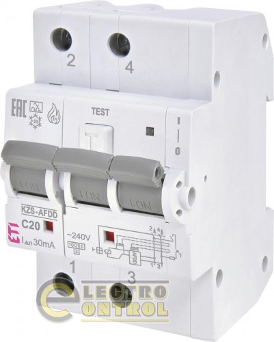 Диференційний автоматичний вимикач ETI KZS-AFDD 3M2p C 20 / 0,03 тип A 10kA 2173875