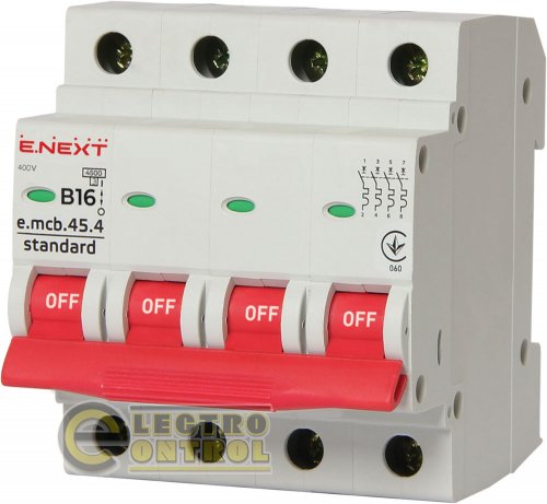 Автоматический выключатель четырехполюсный 4Р 16А В E.Next e.mcb.stand.45.4.В16