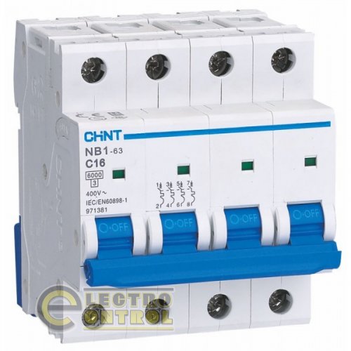 Автоматичний вимикач чотириполюсний 4Р CHINT NB1-63 C63 6kA DB