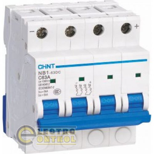 Автоматичний вимикач чотириполюсний 4Р CHINT NB1-63DC C20 6KA DC1000V