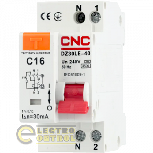 Дифференциальный выключатель CNC DZ30LE-40 16A 1Р+N 4,5кА 30мА Б00029029