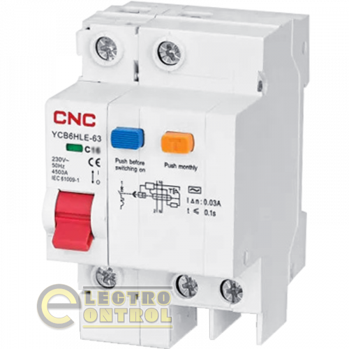 Дифференциальный выключатель CNC YCB6HLE 50А 1Р+N 4,5кА 30мА Б00030459