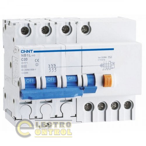 Дифференциальный автоматический выключатель NB1L-40 3PN C25 30mA AC 6kA