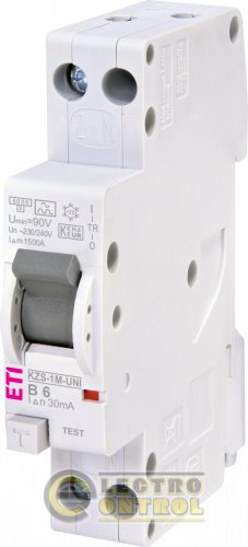 Дифференциальный автоматический выключатель ETI KZS-1M UNI B 6/0,03 A 6kA