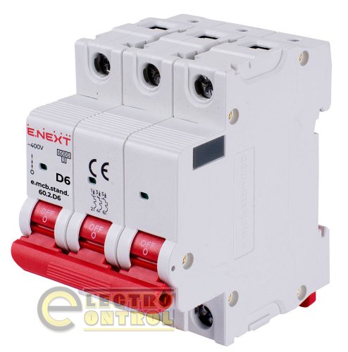 Модульний автоматичний вимикач Enext s026138 e.mcb.stand.60.3.D6 3р 6А D 6кА
