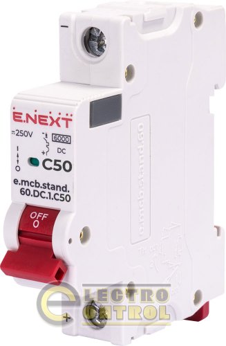 Модульный автоматический выключатель Enext s081011 e.mcb.stand.60.DC.1.C50 1р 50А C 6кА DC