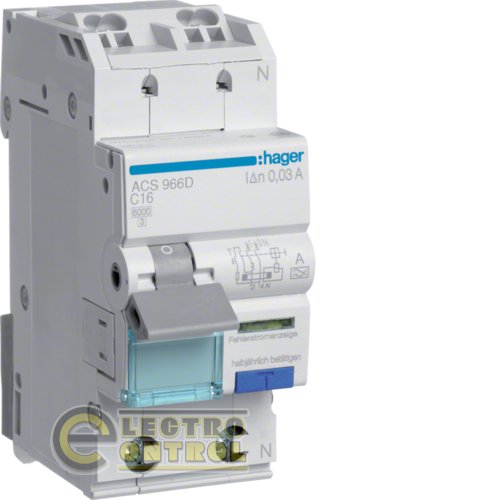 Дифференциальный автоматический выключатель Hager ACS966D QC 1P+N 6kA C-16A 10mA A