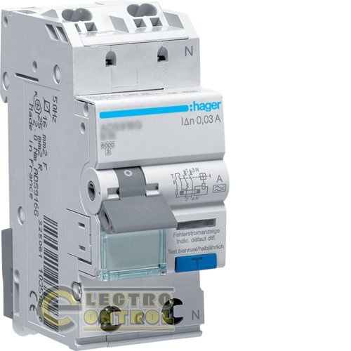 Дифференциальный автоматический выключатель Hager ADS956D QC 1P+N 6kA C-6A 30mA A