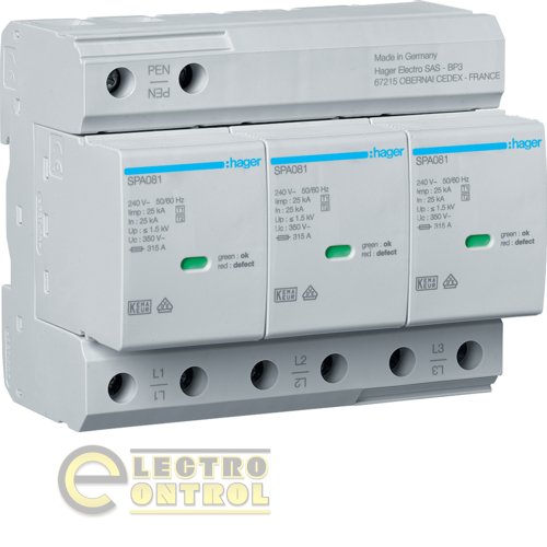 Розрядник (ПЗІП) Hager SPA800 T1+T2 3P Uc 350V 25kA 1,5kV TCN +дод.контакт