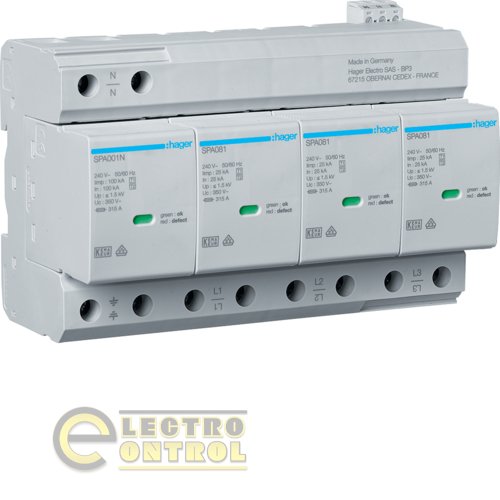 Разрядник (УЗИП) Hager SPA801 T1+T2 4P Uc 350V 25kA 1,5kV TNS/TT +доп.контакт