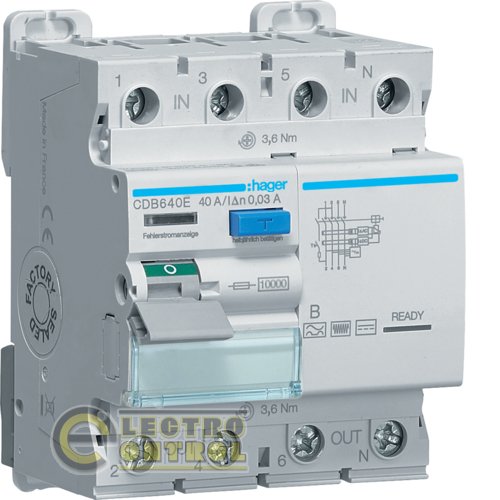 Устройство защитного отключения (УЗО) Hager CDB640E 4P 10kA 40A 30mA B