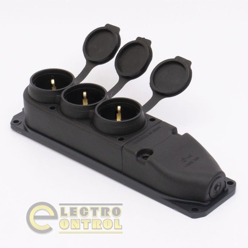 Розетка Takel 503362 каучуковая трёхместная RSB чёрная 2Р+РЕ IP44