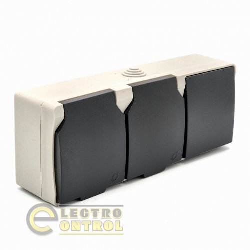 Розетка Takel 503795 накладная влагозащищенная двухместная с заземляющим контактом и крышкой и 1-й выключатель T-proof серый