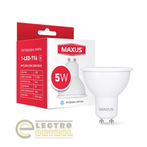 Лампа світлодіодна MAXUS 1-LED-716 MR16 5W 4100K 220V GU10 Лампа світлодіодна MAXUS 1-LED-716 MR16 5W 4100K 220V GU10