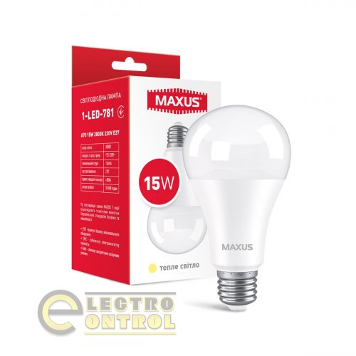 Лампа світлодіодна MAXUS 1-LED-781 A70 15W 3000K 220V E27 Лампа світлодіодна MAXUS 1-LED-781 A70 15W 3000K 220V E27