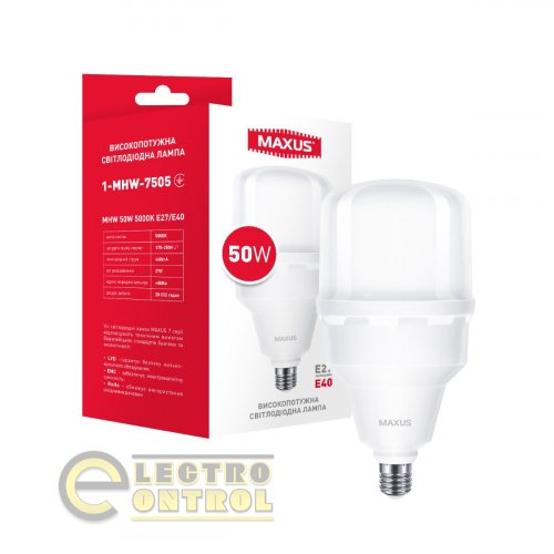 Лампа світлодіодна високопотужна MAXUS 1-MHW-7505 HW 50W 5000K E27/E40 Лампа світлодіодна високопотужна MAXUS 1-MHW-7505 HW 50W 5000K E27/E40
