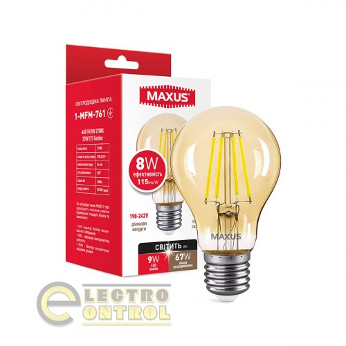 Лампа светодиодная MAXUS 1-MFM-761 A60 FM 8W 2700K 220V E27 Golden Лампа светодиодная MAXUS 1-MFM-761 A60 FM 8W 2700K 220V E27 Golden