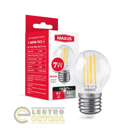 Лампа светодиодная MAXUS 1-MFM-743 G45 FM 7W 2700K 220V E27 Clear Лампа светодиодная MAXUS 1-MFM-743 G45 FM 7W 2700K 220V E27 Clear