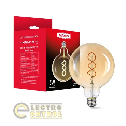 Лампа светодиодная MAXUS 1-MFM-7125 филаментная G125 FM 6W 2400K 220V E27 Golden Deco Лампа светодиодная MAXUS 1-MFM-7125 филаментная G125 FM 6W 2400K 220V E27 Golden Deco