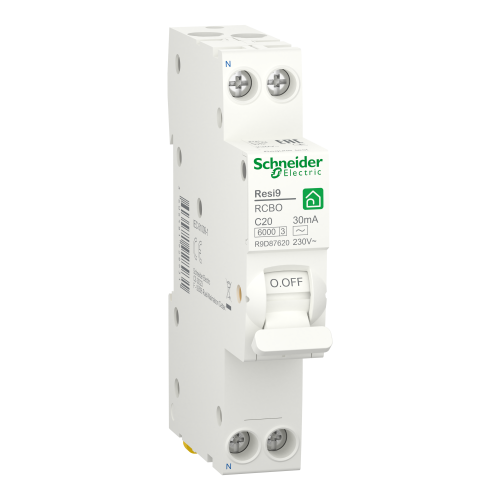 Компактный дифференциальный автоматический выключатель Schneider-Electric R9D87620 RESI9 20А 30мA 1P+N 6кA кривая С тип АС