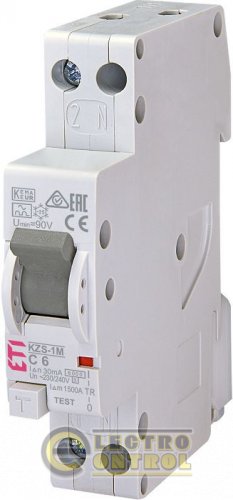 Дифференциальный автоматический выключатель KZS-1M C 6/0,03 тип A (6kA) (нижнее подключение) 2175221