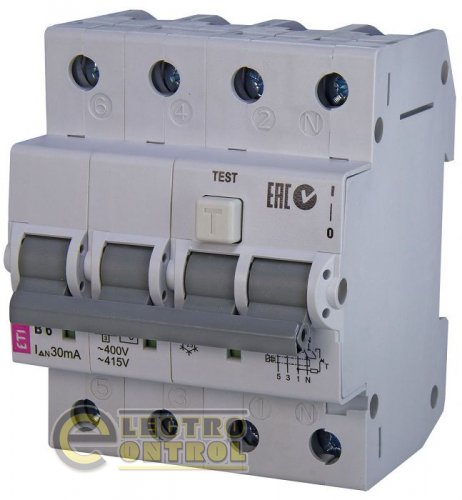 Дифференциальный автоматический выключатель KZS-4M 3p+N B 6/0,03 тип AC (6kA) 2174001