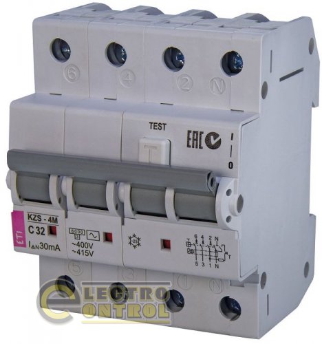 Дифференциальный автоматический выключатель KZS-4M 3p+N C 32/0,03 тип AC (6kA) 2174027
