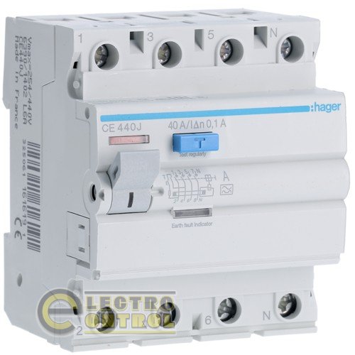 CE440J Hager УЗО (Дифреле) 40А 4P 100mA Тип А CE440J Hager УЗО (Дифреле) 40А 4P 100mA Тип А
